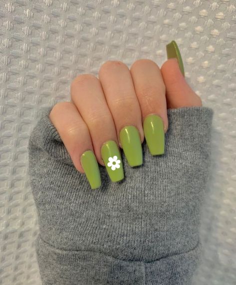 Green Nails With Daisy, Ballerina Shaped Acrylic Nails, Green Coffin Acrylic Nails, Nails With Daisy Design, Green Nails Coffin, Green Coffin Nails, Lime Green Nails, S Nails, Retro Nails