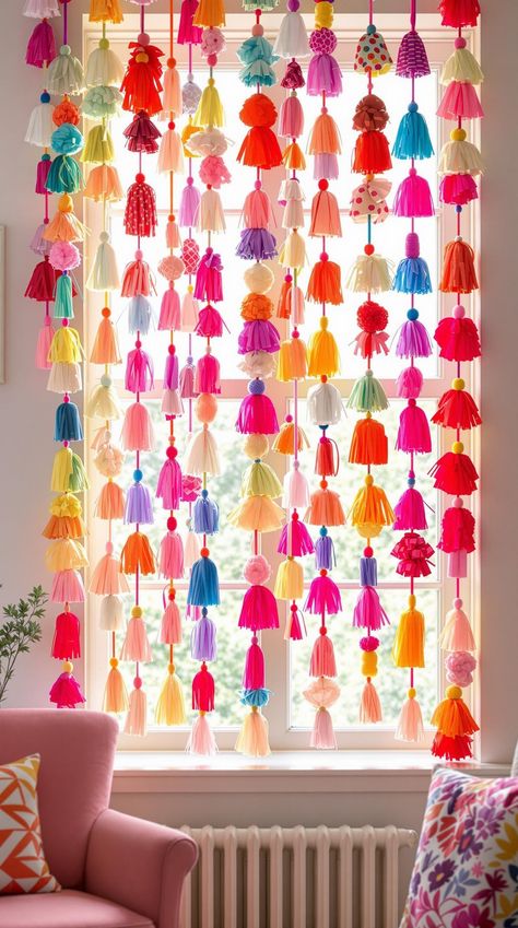 Boho Bedroom Curtain Ideas Boho Curtains Diy, Tassel Garland Decor, Garland Window, Boho Valances, Moroccan Curtains, Tie Dye Curtains, Scarf Curtains, Bright Curtains, Rainbow Curtains