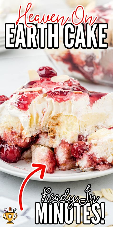 Layered with cake, pudding, cherries, and whipped topping, heaven on earth cake is an out-of-this-world dessert perfect for any occasion! Heaven And Earth Cake, Heavenly Cherry Dessert, Cake With Pudding On Top, Cake With Frozen Fruit, Angel Food Cake Ideas, Heaven On Earth Cake Recipe, Light Desserts Recipes, Heaven Dessert, Heaven Cake Recipe