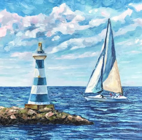 Sailboat Art Painting, Sailboat Painting Acrylic Easy, Light House Paintings Easy, Sailboat Painting Acrylic, Sail Boat Paintings On Canvas, Lighthouse Artwork, Three Canvas Painting, Screen Pictures, Painting Lighthouse