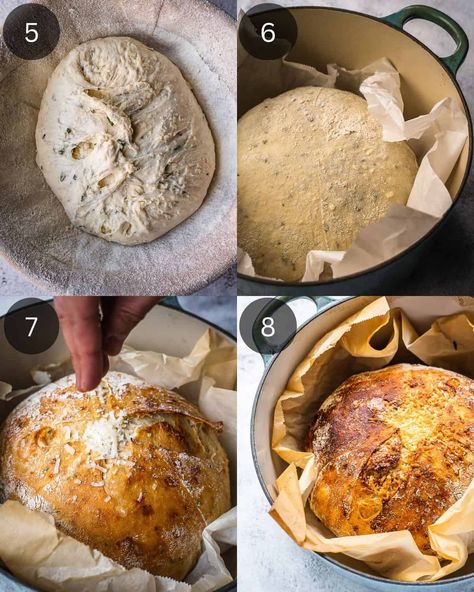 No Knead Rosemary Parmesan Bread - Urban Farm and Kitchen Rosemary Garlic Sourdough Bread, Rosemary Parmesan Bread, Parmesan Bread, Rosemary Bread, Dutch Oven Bread, Homemade Breads, Herb Bread, Make Bread, Rosemary Garlic