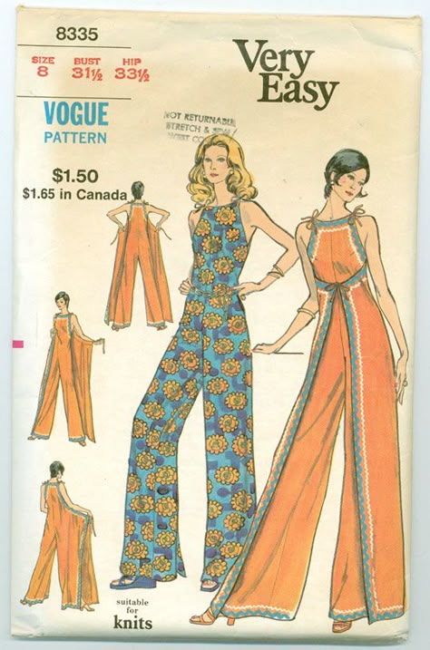 Vogue 8335; ca. 1972; Misses' Lounge Jumpsuit. Loose-fitting, front or back wrapped jumpsuit has self ties and optional rick-rack trim. Featured in Vogue Patterns Leaflet July 1972 Jumpsuit Pattern Sewing, Lounge Jumpsuit, Patron Vintage, Pants Sewing, Wrap Pants, Diy Vetement, Pants Sewing Pattern, Vogue Sewing, Vogue Pattern