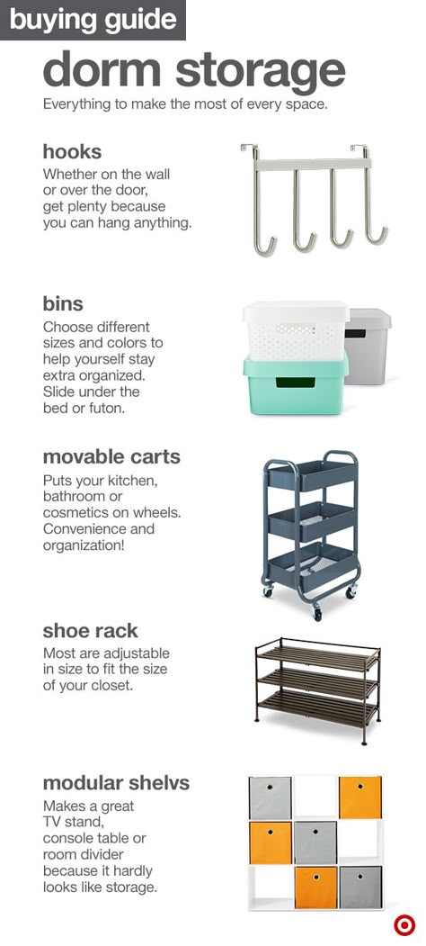 College dorm room storage options are designed to take up the least possible space. Here’s a go-to list of ideas to help you maximize your space—hooks, bins, movable carts, shoe racks and, of course, modular shelves. Store away! College Dorm Storage, College Storage, Dorm Room Organization Diy, Dorm Hacks, 1000 Lifehacks, Hacks Ikea, Student Dorm, Dorm Sweet Dorm, Dorm Room Hacks