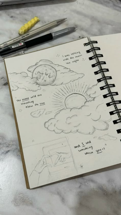 Drawing What Love Feels Like, Sun And Moon Journal Ideas, I Told Moon About You, Selenophile Drawing, Meaningful Quotes With Drawings, The Sun And The Moon Drawing, The Moon Told Me About The Sun, Night Sketches Pencil, Brown Paper Art Ideas