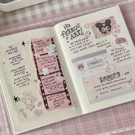 ꒰🍥 ꒱– i'm not the owner﹔☆༘⋆ ʚɞ Bult Journal Ideas, Journal Receipt Page, Scrapbook Ideas Coquette, Sanrio Journal Ideas, Journal Ideas Pink, Journal Page Inspo Aesthetic, Cute Journal Ideas Aesthetic, Kawaii Journal Ideas, Sanrio Journal