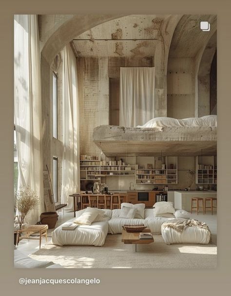 Loft Style Living Room, Suspended Bed, Warehouse Living, Concrete Architecture, Bed Platform, Ideas Hogar, Exposed Concrete, Apartment Style, New York Apartment