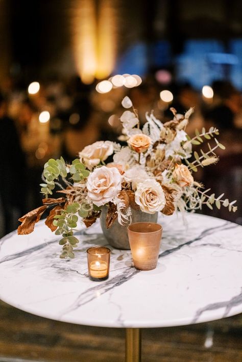 Wedding Cocktail Tables Centerpiece, Cocktail Table Centerpieces, Champagne Wedding Flowers, Wedding Cocktail Tables, Concrete Bowl, Foliage Wedding, Rose Centerpieces, Champagne Wedding, Wedding Cocktails