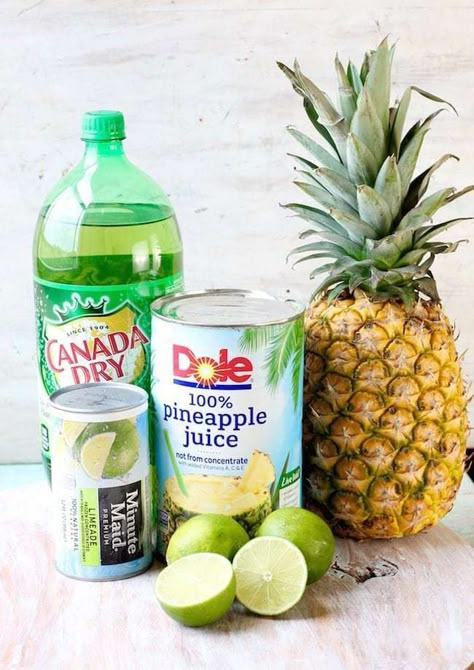 Ingredients for Pineapple Limeade Slush - Ginger Ale, Limeade Concentrate, Pineapple Juice with Fresh Pineapple and limes Limeade Punch Recipes, Limeade Punch Nonalcoholic, Lime Punch Recipe, Pineapple Limeade, Limeade Punch, Pineapple Juice Benefits, Ginger Ale Drinks, Limeade Drinks, Drinks With Pineapple Juice