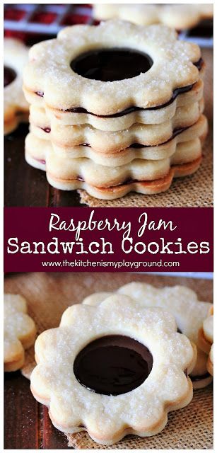 Raspberry Jam Sandwich Cookies ~ Two perfectly delicious homemade butter cookies joined together by gooey raspberry jam filling.  It's a little bit of pure cookie awesomeness!  www.thekitchenismyplayground.com Jam Filled Shortbread Cookies, Everything Cookies, Rolled Cookies, Chewy Bars, Chocolate Marshmallow Cookies, Amazing Cookie Recipes, Salted Caramel Pretzels, Xmas Cookie, Jam Sandwich