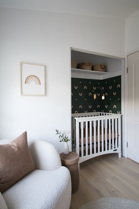 DESIGN: Nursery Nook + Mini Crib Closet And Nursery Combo, Nursery Tiny Space, Closet Crib Nursery, Closet Converted To Nursery, Crib In Closet Ideas Small Spaces, Tiny Home Nursery, Crib In Corner, Two Cribs One Room, Baby Nook In Bedroom