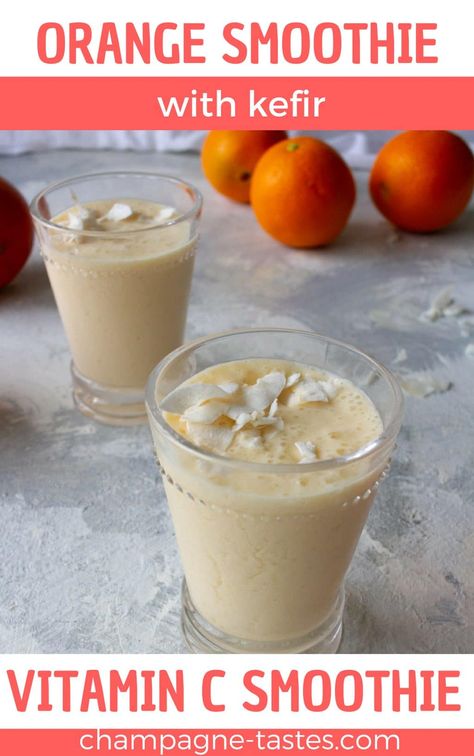 This orange smoothie with kefir is a sweet and tangy, immune-boosting smoothie, and is packed with probiotics and vitamins c and d. Food For Sick People, Milk Kefir Recipes, Kefir Smoothie, Sick Food, Orange Juice Smoothie, Orange Smoothie Recipes, Immune Boosting Smoothie, Hot Drinks Recipes, Kefir Recipes