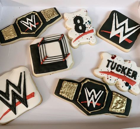 Wrestling Cookies, Wwe Themed Birthday Party, Wwe Cookies Decorated, Wwe Cookies, Wwe Wrestling Birthday Party Ideas, Wwe Birthday Decorations, Wwe Birthday Cookies, Wwe Birthday Party Ideas Cake, Wwe First Birthday