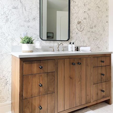 Murphy bathroom vanity with v-groove drawer front detail against whimsical, playful wallpaper V Groove Cabinets, V Groove Kitchen Cabinets, Master Bath Vanities, Playful Wallpaper, Cabinet Hardware Installation, Swedish Cabin, Custom Bathroom Vanities, Drawer Tracks, Cabinet Solutions