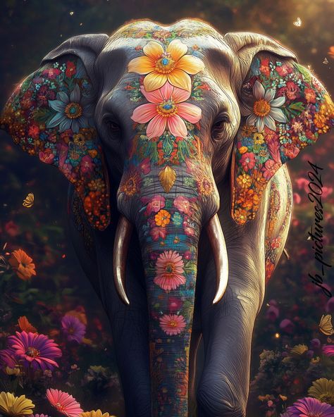 ✨ A majestic fusion of nature and creativity! ✨ 🌸 An elephant adorned with vibrant floral patterns walks gracefully through a field of colorful blossoms. The intricate details of the flowers covering its body seem to blend seamlessly with the lush, sunlit garden around it. As butterflies flutter nearby, the elephant appears almost otherworldly—a perfect harmony of strength and beauty. This surreal masterpiece captivates the imagination, offering a glimpse into a world where nature and art un... Elephant With Butterfly, Elephant Paintings, Animation Wallpaper, Bumble Bee Print, Love Animation Wallpaper, Elephant Painting, Dean Russo, Bee Print, Elephant Art