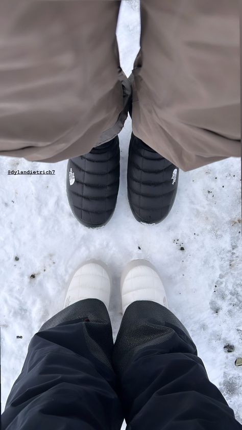 Snow Shoes Aesthetic, North Face Puffer Slippers, North Face Thermoball Slippers Outfit, North Face Puffer Shoes, Puffer Shoes, Ski Couple, North Face Slippers, Pretty Red Dress, Slippers Outfit