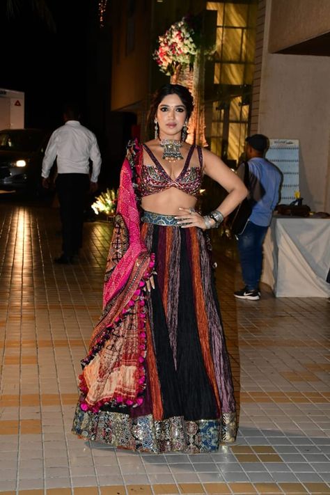 Bhumi Pednekar Hosts Diwali Bash But Wins Us Over With Her Boho Lehenga Boho Lehenga, Multicoloured Lehenga, Bhumi Pednekar, Maroon Skirt, Fancy Skirts, Navratri Dress, Diwali Party, Strappy Crop Top, Indian Cinema