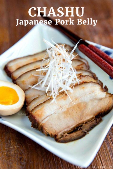 Chashu (Japanese Pork Belly) - Learn how to make easy, melt-in-mouth Chashu pork belly recipe at home! Braised in a sweet and savory sauce, you can now enjoy the tender slice of meat as topping with your ramen! #porkbellyrecipes # #misoramen #japaneseporkbelly #charsiuporkrecipe #braisedporkbelly #ramentoppings #chashuporkrecipe #ramentoppingsideas #japanesefood #asianrecipes | Easy Japanese Recipes at JustOneCookbook.com Chashu Pork Recipe, Chashu Ramen, Chashu Pork, Stewed Pork, Ramen Toppings, Just One Cookbook, Power Bowl, Asian Pork, Braised Pork Belly