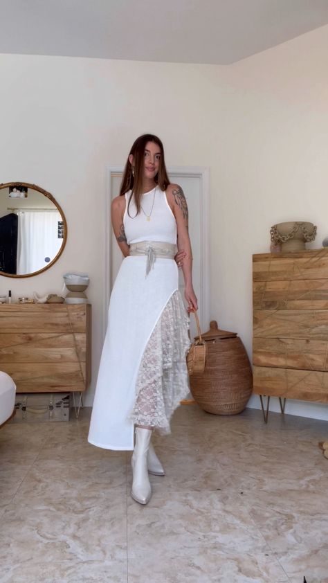 Boho Layers Outfits, White Maxi Dress Photoshoot, Layer Maxi Dress Outfit, Layering White Dress, Maxi Dress And Boots Outfit, All White Boho Outfit, White Maxi Dress Aesthetic, White Boho Outfit, Skirt Layering Outfit