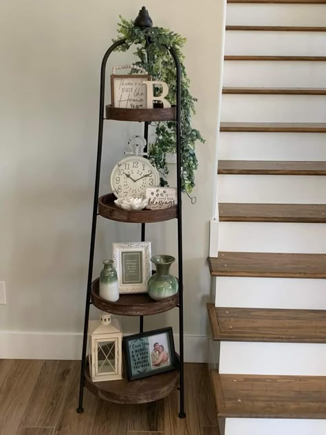 Decorate A Corner Shelf, How To Decorate A 5 Tier Corner Shelf, Corner Rack Decor Ideas, Round Tiered Shelf Decor, Farmhouse Corner Decor Living Rooms, Corner Ladder Shelf Decor, How To Decorate A Corner Shelf, Entrance Corner Ideas, Corner Decorating Ideas Dining