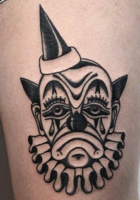 Clown Tattoo Blackwork, Traditional Tattoos Clown, Traditional Style Clown Tattoo, Trad Clown Tattoo, Bat Tattoo Leg, Happy Clown Tattoo, Scary Traditional Tattoo, American Traditional Clown Tattoo, Dark American Traditional Tattoo