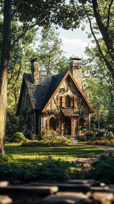 A beautiful house nestled in enchanting woodland Build Small House, Hobit Houses Aesthetic, Woodland Cottage Aesthetic, Forest Cottage House, Aesthetic Tiny House, Houses In Forest, Cottage Core House Exterior, Fairy Cottage House, Rustic House Exterior