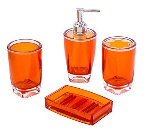 JustNile Essential 4-Piece Bathroom Set in Durable Plastic for Shower and Bathroom, Includes Soap Dish, Toothbrush Holder, Round Tumbler and Dispenser/Pump – Opaque Orange Yellow Bathroom Walls, Orange Bathroom Accessories, Teal Bathroom Decor, 4 Piece Bathroom, Tooth Brush Holder, Orange Bathroom, Modern Bathroom Accessories, Downstairs Toilet, Yellow Bathrooms