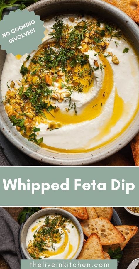 Cool and creamy whipped feta dip is the perfect party food, or serve it as an easy lunch or dinner. With only a 5 simple ingredients (plus optional toppings) and no real cooking required, this is a beginner friendly recipe for any time of year. Easy Whipped Feta, Vegetarian Appetizers Easy, Whipped Feta Dip, Gluten Free Vegetarian Recipes, Feta Dip, Vegetarian Side Dishes, Whipped Feta, Best Vegetarian Recipes, Cold Appetizers