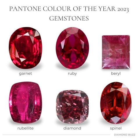 Diamond Buzz on Instagram: "PANTONE COLOUR OF THE YEAR 2023 GEMSTONES Viva Magenta, a vibrant shade of red, is the Pantone colour of the year 2023 @pantone. It is a nature-inspired audacious colour that symbolizes joy and strength and encourages experimentation. The world of gemstones is also rich in magenta-coloured gems. That is why I was inspired to create this collage featuring six gemstones with an electrifying shade of red, Viva Magenta. #pantone #pantonecoloroftheyear #gemstones #garn Colour Of The Year 2023, 2023 Pantone, Magenta Pantone, Shades Of Magenta, Pantone Colour Of The Year, Gemstones Chart, Red Gems, Viva Magenta, Shade Of Red