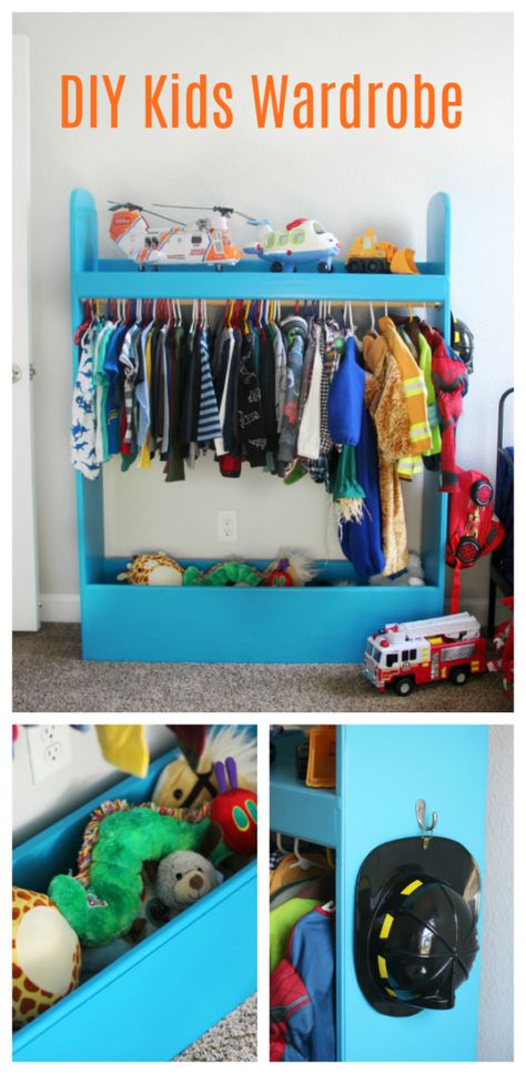 This DIY kids wardrobe doubles as a closet and dress up box with plenty of storage for shoes, hats, toys and hooks for hats and bags. Play Clothes Storage, Kids Costumes Storage, Costume Organization Kids, Costume Storage Kids, Diy Kids Dress Up Station, Diy Kids Wardrobe, Kids Costume Storage, Dress Up Storage Ideas, Diy Kids Cubby