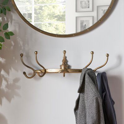 Coat Hanger Ideas Bedroom, Coat Rack Hooks Ideas, Gold Coat Hooks Entryway, Wall Of Hooks Entryway, Brass Wall Coat Rack, Mirror Above Coat Hooks, Decorative Coat Hooks Entryway, Brass Coat Hooks Entryway, Wall Hooks Ideas Bathroom