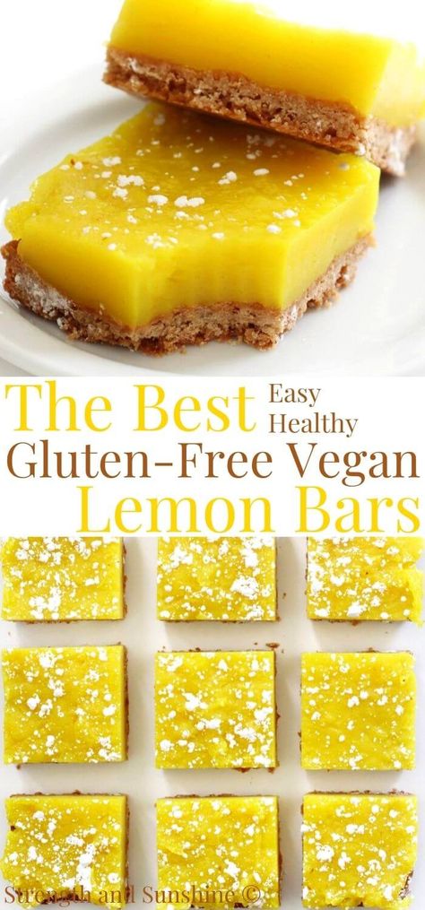 Vegan Lemon Bars (Gluten-Free, Eggless) | Strength and Sunshine | These easy Vegan Lemon Bars are completely gluten-free and eggless! This healthier lemon bar recipe is made with a 4 ingredient, dairy-free & buttery shortbread crust, layered with perfectly sweet and tangy lemon curd filling! No nuts or soy, this allergy-free dessert is a perfect spring or summertime treat everyone will love! Raw Vegan Lemon Bars, Gluten Free Vegan Lemon Bars, Gluten And Vegan Desserts, Dairy Soy Free Dessert, Aip Lemon Bars, Gluten Free Vegan Sweets, Quick Vegan Gluten Free Dessert, Vegan Gluten Free Summer Recipes, Gluten Nut Free Desserts