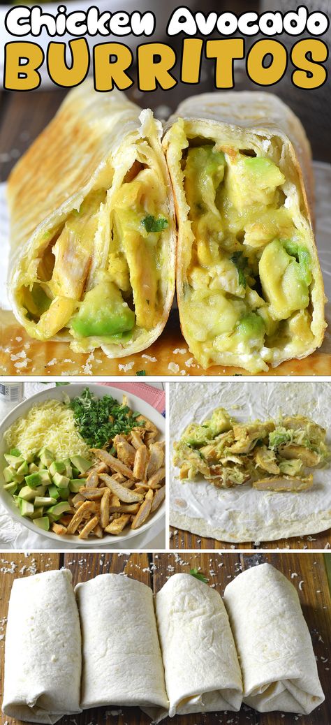 Close-up of a halved Chicken Avocado Burrito, revealing a filling of juicy chicken pieces and creamy avocado chunks wrapped in a golden tortilla. The text "Chicken Avocado Burritos" is displayed at the top. Chicken Avocado Burrito, Food Recipes Slow Cooker, Avocado Burrito, Chicken Avocado Wrap, Burrito Recipe Chicken, Mozzarella Recipes, Quick And Easy Dinner Recipes, Table Dinner, Chicken Cordon