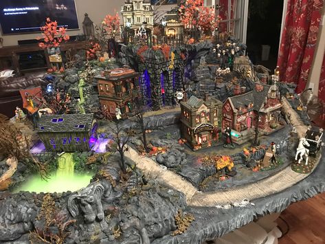 2017 Halloween Village Display by Christi Halloween Town Display, Spookytown Display Ideas, Spooky Village Display, Spooky Village Diy, Halloween Miniature Village, Lemax Spooky Town Display Ideas, Spooky Village, Mini Halloween Village, Halloween Villages