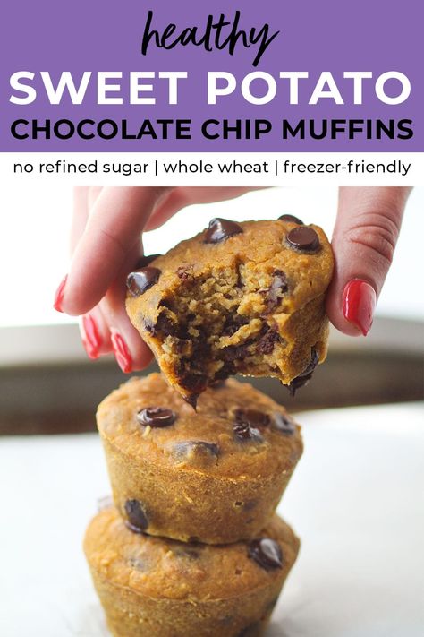 The whole family will love these Healthy Sweet Potato Muffins! They're the perfect on-the-go breakfast or snack and made with whole grains and NO refined sugar! They're also great for meal prep, and last up to 3 months in the freezer! Healthy Sweet Potato Muffins, Baked Egg Cups, Sweet Potato Chocolate, Smoothie Popsicles, Healthy Sweet Potato, Nourish Move Love, Canning Sweet Potatoes, Potato Muffins, Sweet Potato Muffins