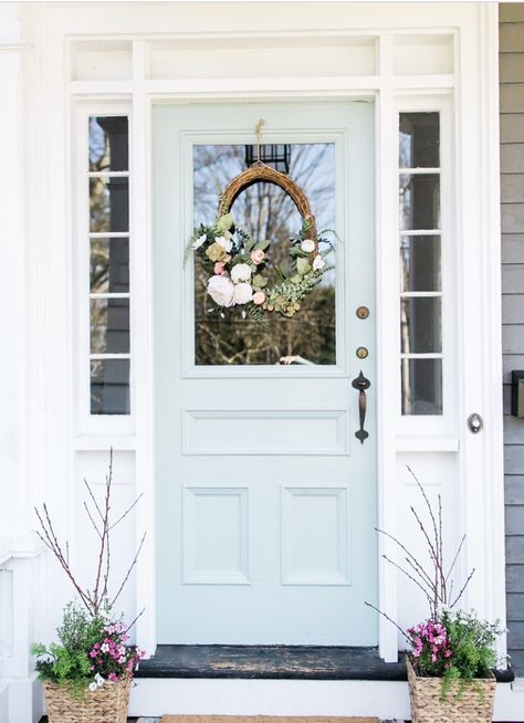 Bright Farmhouse, Pretty Door, Blue Front Door, Front Door Makeover, Brown Roof, Painted Front Doors, House Front Door, Front Door Colors, Summer Wreaths