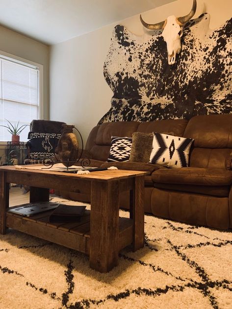 #southwestern #livingroom #cowhide #neutrallivingroomdecor #smallhouse Cowhide Living Room Ideas, Southwestern Farmhouse Decor, Modern Western Living Room, Cowhide Living Room, Western Living Rooms, Southwestern Living Room, Western Living Room Decor, Western House, Makeup Room Decor Wall