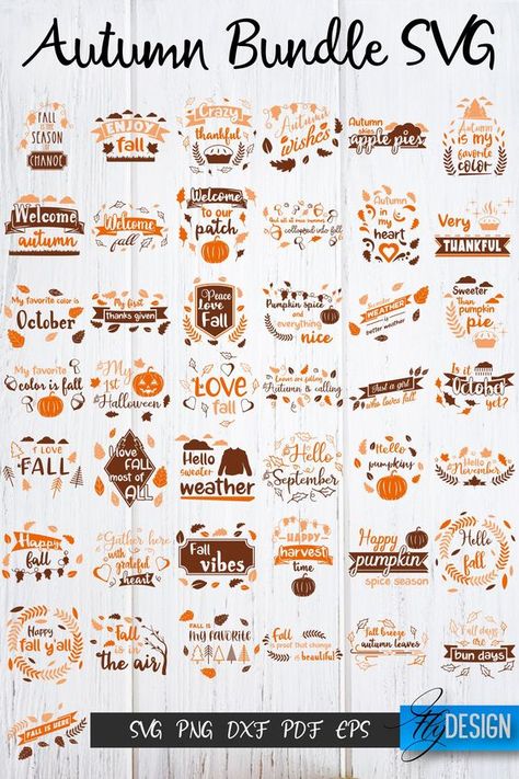 Fall SVG Bundle. Autumn Bundle svg. Fall quotes (1550882) Halloween fonts #halloweenfonts fonts #fonts font #font 6.586 Autumn Signs And Sayings, Fall Sayings For Signs, Cute Fall Quotes, Eddie Printer, Fall Phrases, Pumpkin Pics, Printer Crafts, Silhouette Printables, Thanksgiving Tags