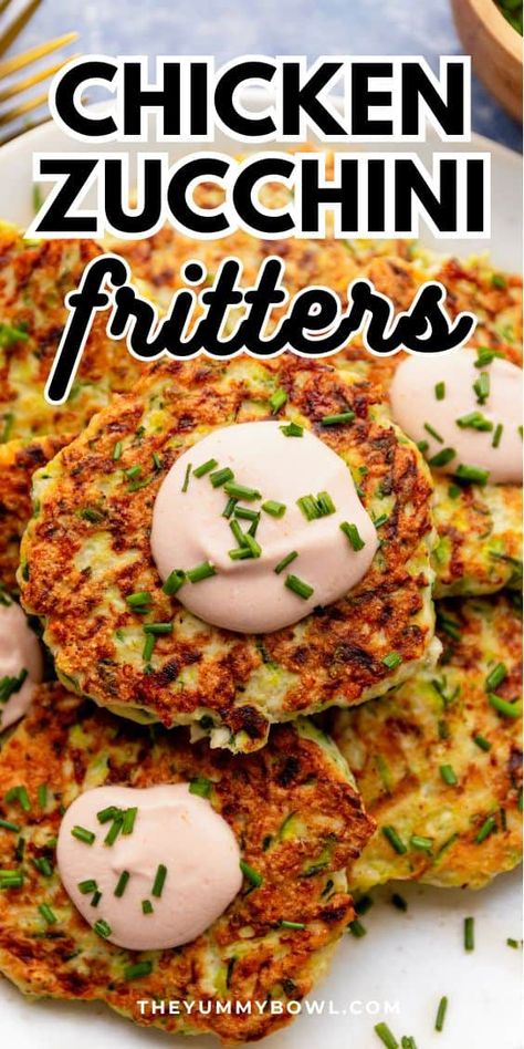 These Chicken Zucchini Fritters are easy, super flavorful and a great meal prep idea for a weekday dinner night. They are loaded with zucchini, ground chicken and dipped into a little bit of flour to achieve light crunchiness. All this yumminess is served with healthy creamy avocado yogurt dressing. #cutlets #Chickenandzucchinirecipes #chickenzucchinifritters #groundhchickenandzucchinirecipes #recipesforkids #toddlerrecipes #kotlety #katleta The Yummy Bowl Bariatric Vegetable Recipes, Healthy Junk Food Recipes, Ground Chicken Fritters, Ground Chicken Breakfast Recipes, Zucchini And Ground Chicken Recipes, Chicken And Zucchini Fritters, Chicken Zucchini Fritters Recipe, Ground Chicken Toddler Recipes, Zucchini Chicken Nuggets