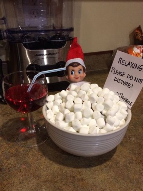 Elf On The Shelf Idea With Marshmallows, Elf In Marshmallow Bath, Elf On The Shelf Holding Ideas, Marshmallow Bath Elf On The Shelf, Elf On The Shelf In Marshmallow Bath, Elf On The Shelf And Marshmallows, Elf On Scooter Ideas, Elf Marshmallow Bath, Elf On The Shelf Marshmallow Bath