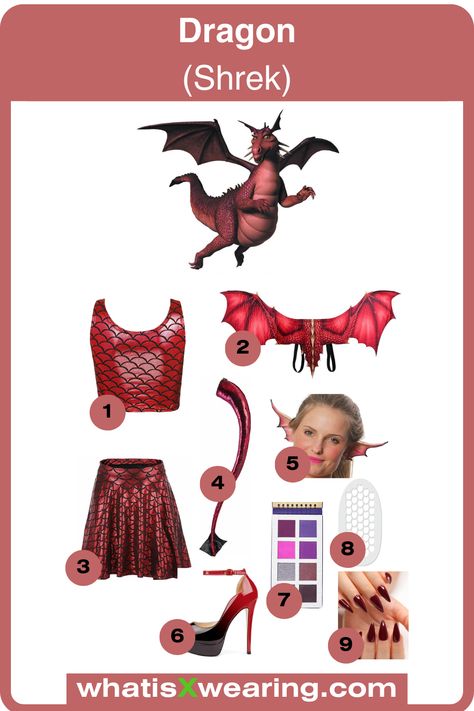 Click the link for our step-by-step Dragon costume guide from Shrek. This is a fun and easy DIY costume to make and is the perfect last-minute Halloween outfit idea. Plus, discover how to make the cutest Donkey and Dragon couple's costume, sexy Lord Farquaad, female Shrek, and many more. Donkey And Dragon Shrek Costume, Red Dragon Costume Women, Women Dragon Costume, Diy Shrek Dragon Costume, Donkey And Dragon Couple Costume, Shrek Party Costume Ideas, Shrek Dragon Costume Women, Diy Shrek Character Costumes, Shrek Donkey And Dragon