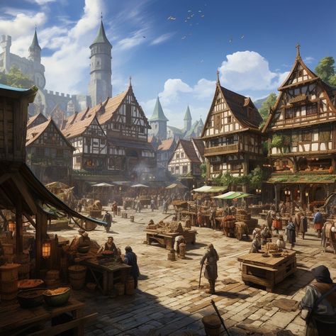 Medieval City Landscape, Dungeons And Dragons Landscape, Dnd City Art, Fantasy Town Art, Medieval Village Art, Dnd Buildings, Dnd Town, Fantasy Short Stories, Fantasy City Map