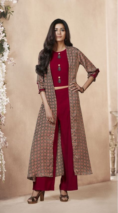 Light Maroon and Brown Rayon Jacket Style Kurti with Palazzo Jacket Style Kurti Long, Long Koti, वेस्टर्न ड्रेस, Jacket Style Kurti, Kurti Long, Plazo Suits, डिजाइनर कपड़े, Party Wear Kurti, Jacket Designs