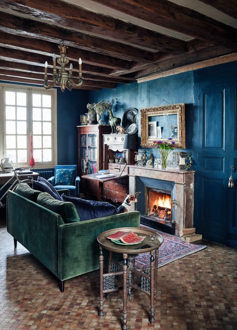 Cottagecore House Aesthetic, Cottagecore House Interior, Cottagecore Houses, Dark Cottagecore House, Cottagecore House, Loire River, Style Fireplace, Wrought Iron Bed, Hague Blue