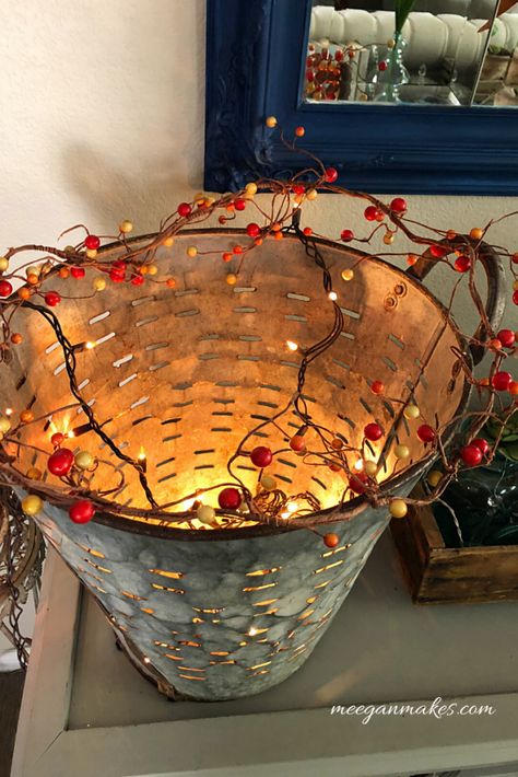 Decorate an Olive Bucket for Fall - What Meegan Makes Firkin Bucket Decor, Bucket Decor, Bait Bucket, Tin Buckets, Olive Bucket, Fireplace Mantel, How To Decorate, Fireplace Mantels, Boys Room