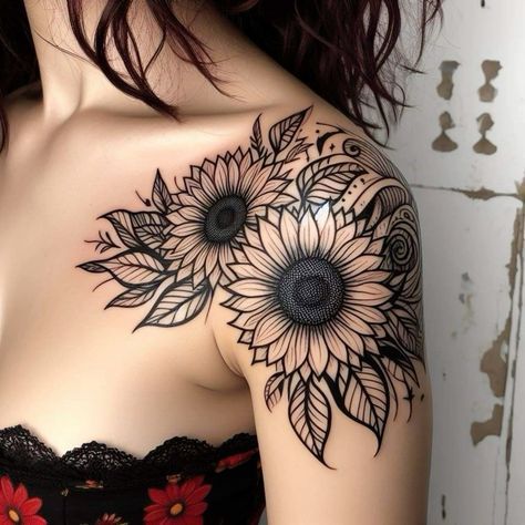 #flowertattoos #floraltattoo #peonytattoo #flowerstattoo #floraltattoos #sunflowertattoo #botanicaltattoo #femininetattoo #rosetattoos #rosetattoo Sunflower Chest Tattoo Female, Roses And Sunflowers Tattoo, Half Sleeve Tattoos For Women Upper Arm Meaningful, Sunflower Rose Tattoo, Cute Thigh Tattoos Women, Sunflower Sleeve Tattoo, Girasoles Tattoo, Sunflower Shoulder Tattoo, Shoulder Cover Up Tattoos