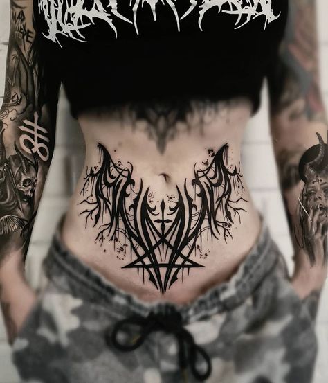 Ida Modliba’s Instagram profile post: “The second day of @amandaaac95 's 2 day session (both days 7 hours each) we did this chaos on her stomach. I'd say it's about 95% finished,…” Gothic Font Stomach Tattoo, Spooky Stomach Tattoos, Woman Lower Stomach Tattoo, Goth Neck Tattoos Women, Goth Back Tattoo Women Spine, Full Belly Tattoo, Blackwork Stomach Tattoo, Black Stomach Tattoo, Goth Stomach Tattoos