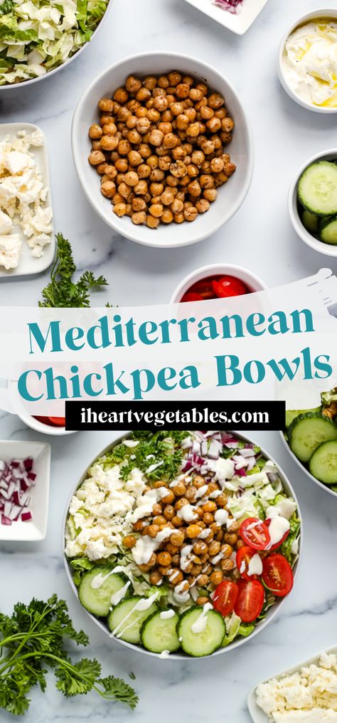 These Mediterranean Chickpea Bowls are filled with vegetables and drizzled with a Greek yogurt sauce for an easy, delicious meal that comes together in minutes! Greek Bowl Chickpeas, Mediterranean Salad With Chickpeas, Chickpea Greek Bowl, Nourishing Bowls, Chickpea Bowls, Chickpea Bowl, Greek Yogurt Sauce, Mediterranean Chickpea, Mediterranean Bowls