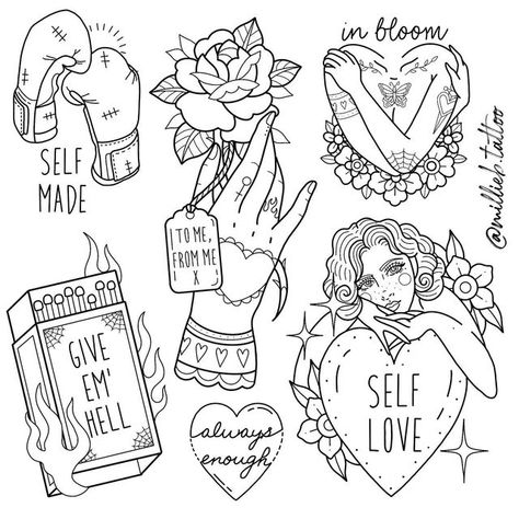 Self Love Flash Tattoo, Flash Art Drawings, Self Love Traditional Tattoo, Valentine’s Day Tattoo Ideas, Traditional Feminist Tattoo, Anti Love Tattoo, Self Love Coloring Pages, Flash Tattoo Designs For Women, Love Letter Tattoo Envelope