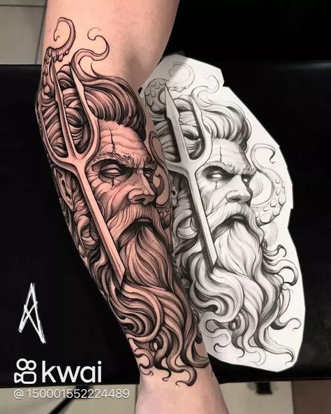 Poisidons God Tattoo, Black Men Back Tattoos, Posiden Tattoo Design, Legs Tattoo Design, Poseidon Tattoo Design, Eagles Tattoo, Greece Tattoo, Hades Tattoo, Poseidon Tattoo