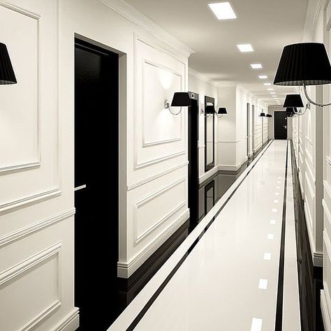 Black And White Hallway, Long Narrow Hallway, Hotel Corridor, Hotel Hallway, Corridor Design, Famous Interior Designers, Stylish Interior Design, Long Hallway, Black And White Interior